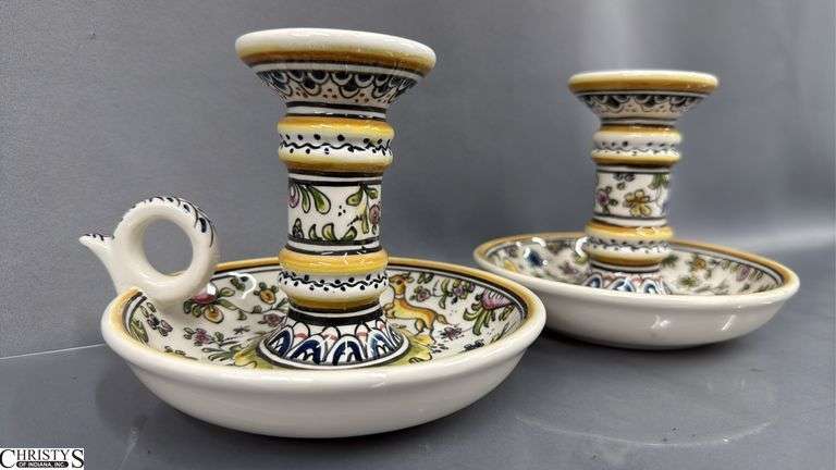 Pair of Portugal Hand Made and Painted Chambersticks 4.5"