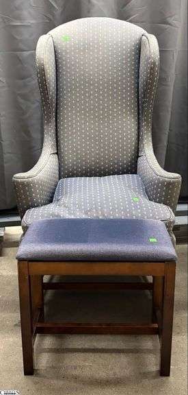 Upholstered Wingback Chair & Ottoman - 48" T, 18" seat of chair, heavy sunfading present image