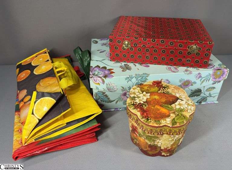 3 Decorative Boxes and 3 Bags (1 bag has a hole in it).  Largest Box 17"x12"x5" image