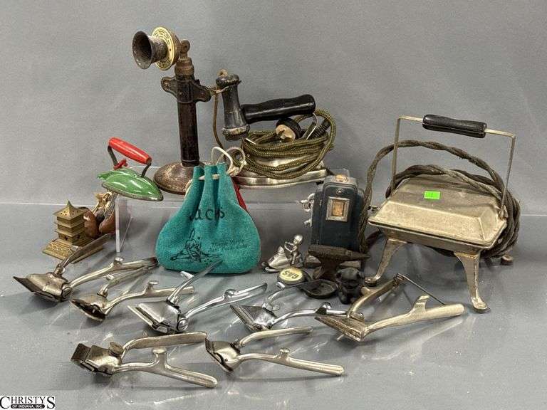 Childs Telephone, Sandwich Maker, Irons, Jacks, Manual Hair Clippers image
