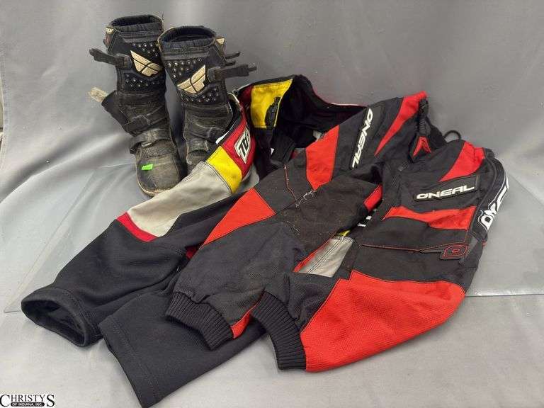 O'Neal Youth Racing Pants and Fly Youth Racing Boots - Pants marked 12/14 - Boots Youth 3 - Shows wear image