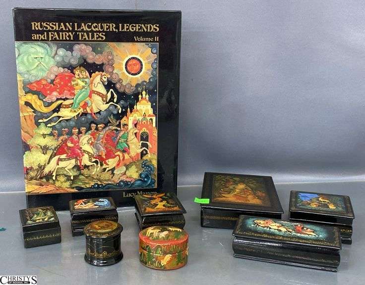 Russian Lacquer Trinket Boxes, 8 boxes and 1 reference books - 6" x 4.5" of largest image