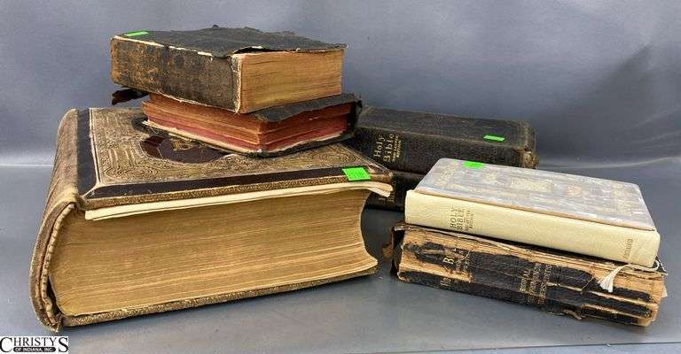 7 Bibles, 1897 ,approx earliest, binding wear, paper loss to each image