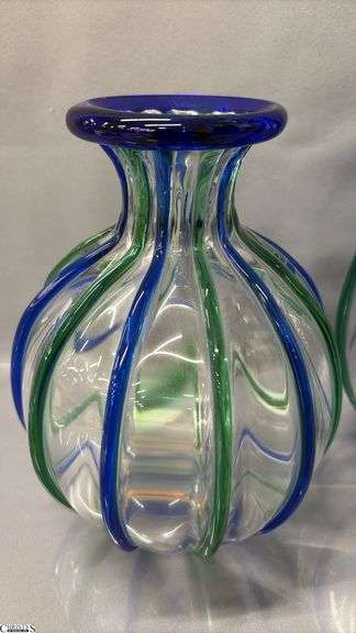 Pair of Blue and Green Hand Made Vases, Signed Archimede Seguso, Tallest 13.5"