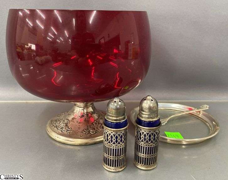 Sterling Silver Appetizer Fork, Small Glass Tray, Footed Bowl, Salt & Pepper Shakers - 5" of largest rim image