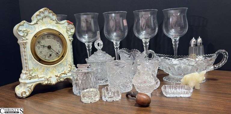 Porcelain Clock, Crystal Pieces, Glassware - 9" of clock image