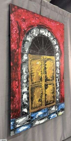 Jorge Hagg Door, Red Background With Tan Door, Acrylic Painting On Canvas 35x56"