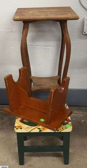 Wooden Fern Stand, 2 Small Step Stools - 14" x 14" x 30" of largest, some finish wear image