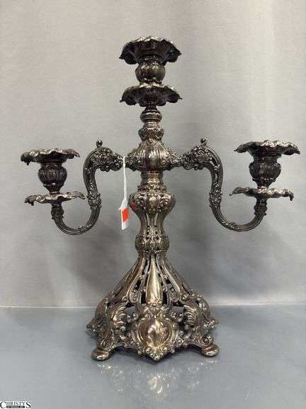 Pair of Three Flame Reed and Barton Renaissance Pattern Candelabras 15x16", Marked 800