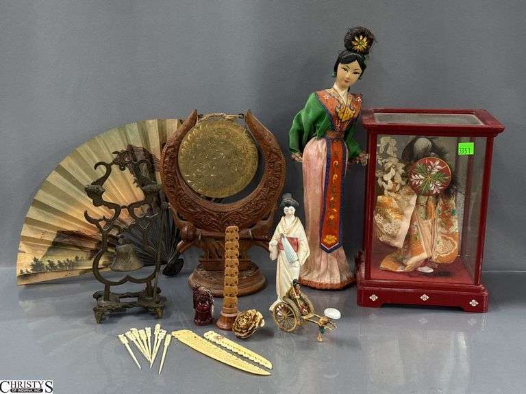 Chinese Dinner Gong, Figurines, Fans, Doll In Case 11" image