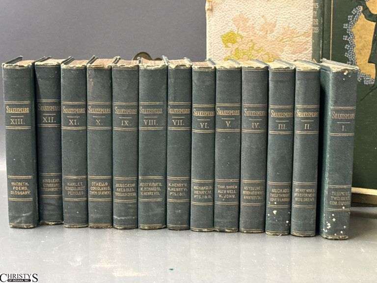 Antique Book Volumes - Riley Child Rhymes, Shakspeare, Immortality of the Soul - Earliest date 1905 - w/ Brass Book Stand