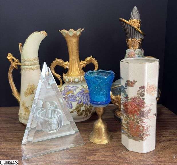 Hand Painted China Urn, Ewer, Decanter, Glass Votive, Asian Style Vase - 10" of tallest - Urn vase handle is damaged image