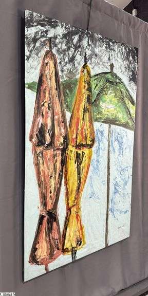 Antonio Garcia, Impressionist Beach Umbrellas Red, Yellow and Green Painting On Canvas 35x56"