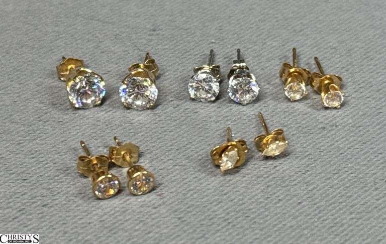 5 Pairs of 14K Stud Type Earrings with Clear/Crystal/CZ Stones image
