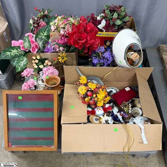 SKID of Damaged Roseville Vase, Artificial Flowers, Arrangements, Tea Cups and Saucers, Wooden Display Case Largest 14"x12" Tall, SKID is Not Included image