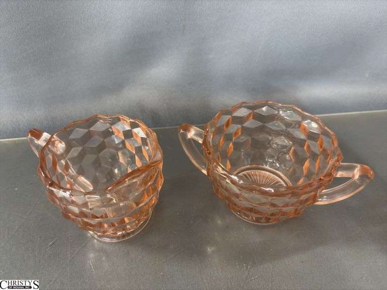 5 pcs Pink Depression Glass - Cream and Sugar, Bowl, Divided Plate, and Dish - 10" of bowl