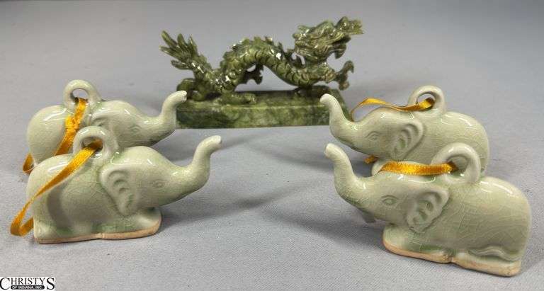 Caladon Ceramic Christmas Ornaments Set of 4 Green Holiday Elephants and a Jade Carved Chinese Dragon (5 X1 /2 X 2 1/2) image