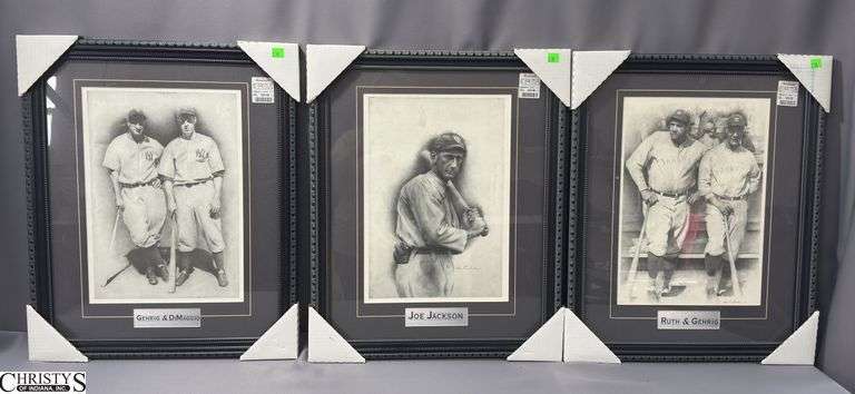 3 Black & White Baseball Prints with Matching Frames.  Joe Jackson, Gehrig & DiMaggio, and Ruth & Gehrig.  18 1/2" X 23" image