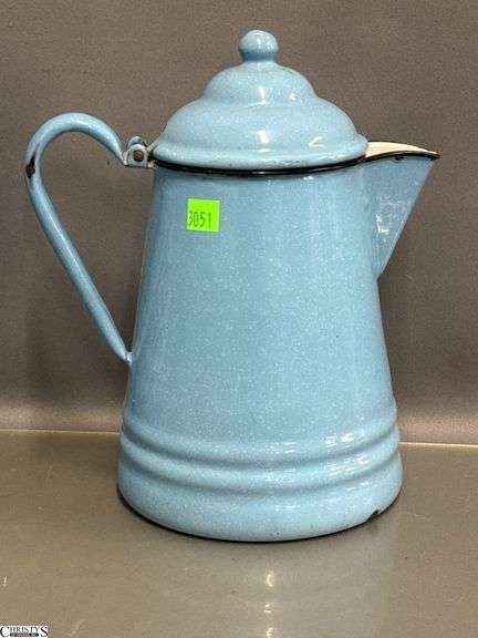 3 Enamelware Coffee Pots and Small Lidded Jug - 10" of tallest - some wear, chipping