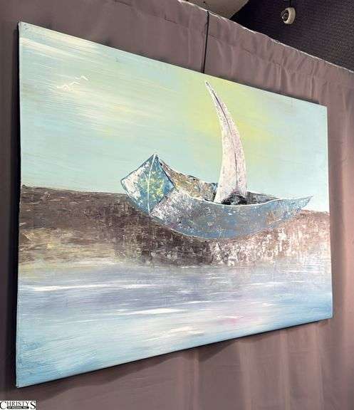 Samuel Tinoco Boat at Sea, Impressionist Acrylic Painting On Canvas 35x56"