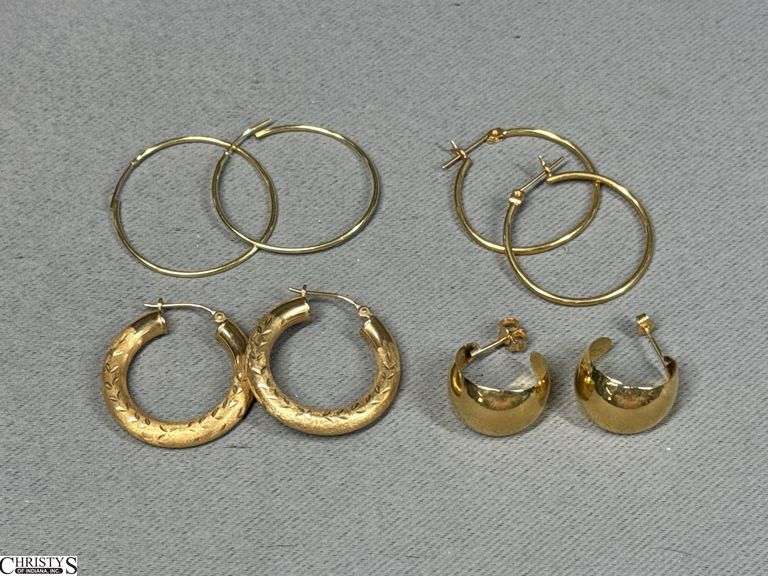 4 Pairs of 14K Yellow Gold Hoop Style Earrings.  One pair is marked 14K EG image
