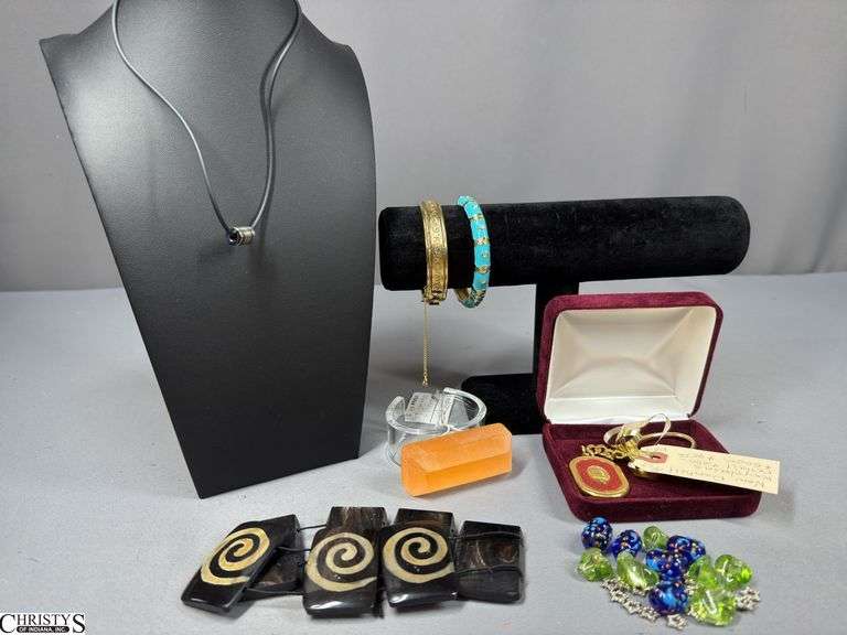 Jewelry- Dunhill (London) Key Chain, a Lucite Bracelet, 2 Bangle Bracelets, Loose Green & Blue Beads and More image