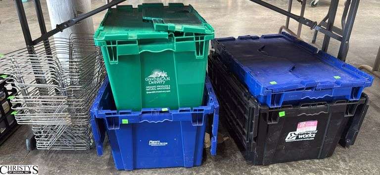 4 Flip Lid Storage Totes and Wire Chafer Racks image
