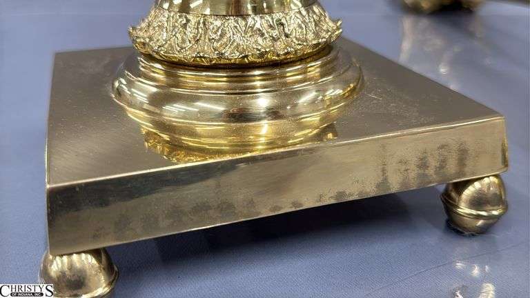 Two Brass Column Style Candle Sticks With Square Bases 16.5" 16.5"