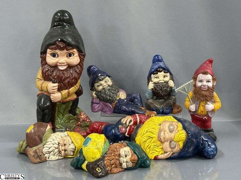 7 Garden Gnomes Tallest 17", Some Concrete Filled, One Composite, Some Chips and Wear image
