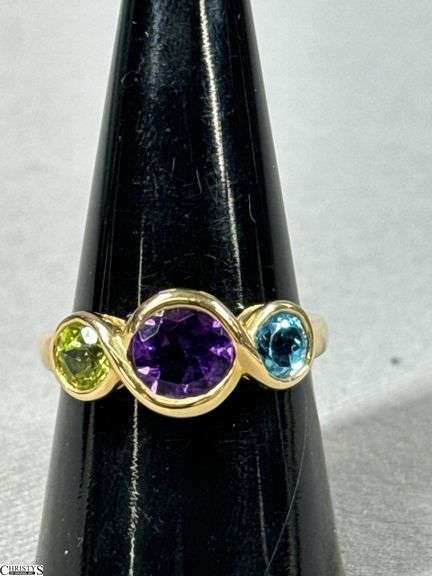 14K Yellow Gold Ring with Peridot, Blue Topaz and Amethyst Colored Stones image