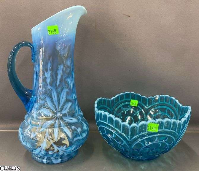 Northwood Glass "Poinsettia" Blue Opalescent Pitcher and Dugan Blue Glass Bowl - 13" of pitcher image
