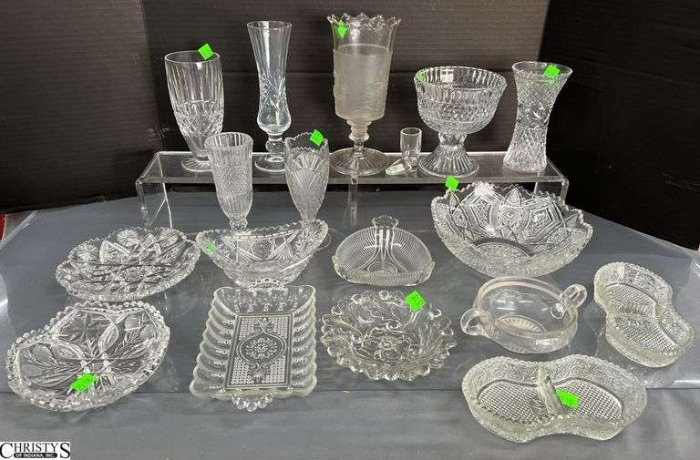Clear Pressed Glass, Candy Dishes, Celery Cups, Bowls, Vases, Divided Dishes, Largest Cup Frosted With Scene 8.5" image