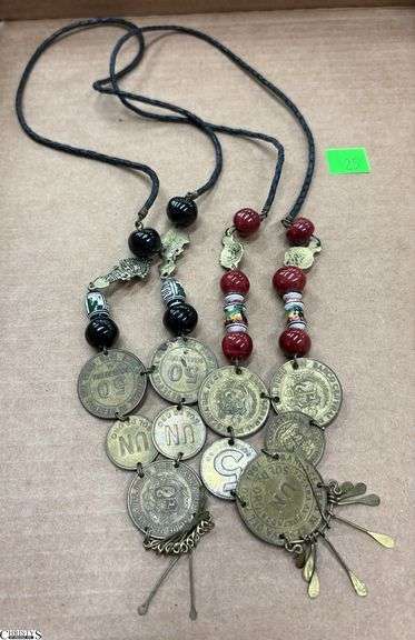 2 Peruvian Currency Necklaces - 15" of longest