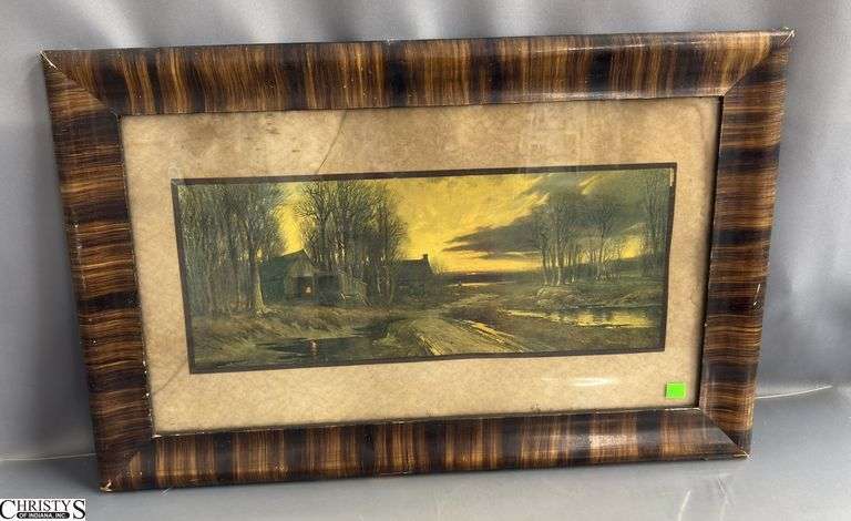 Framed 1907 Cabin on Creek Lithograph Scene - 28.5" x 18.5" - glass is cracked and scuffing to frame image