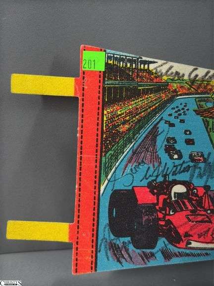 Indianapolis Motor Speedway Autographed Pennant.  Autographs include Lloyd Ruby, Bobby Unser, Tom Carnegie, Lynn St. James, Tom Sneva and Others