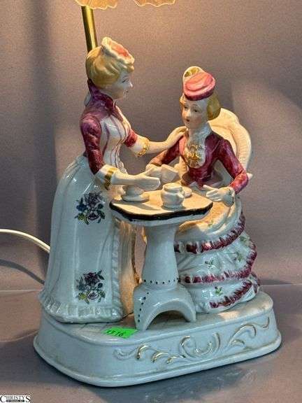 Figural Victorian Tea Time Table Lamp With Ruffle Shade, 17"