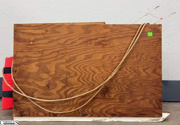 Handmade Wooden Ice Fishing Tackle Box - Coleman Lantern, Fishing Poles, Misc Equipment - 26" x 10" x 17" of box image