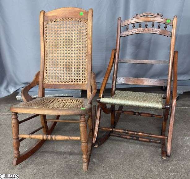 2 Cane Seat and Folding Rocking Chairs - some wear and damage to cane - 34" T, 16" seat of largest image