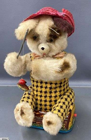 Alps Japanese Battery Operated Fishing Bear Toy - Some wear, damage - 9.5" image