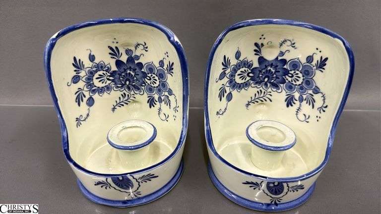 Pair of Ceramic Blue and White Candle Holders 5" Tall