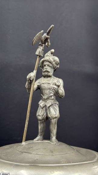 Pewter Guild Cup, Knight Top Engraved “Handwerk der Schmiede Gewidmet”, Some Wear 18” Tall