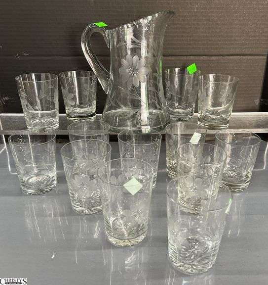 Etched Clear Glass Pitcher and Juice Cups, Pitcher  9" image