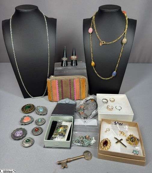 Misc. Jewelry Including Button Covers, 6 Rings (2 marked 925), a Silver Color Chain, a Necklace Marked Kirks Folly, a Bracelet in Package, a Yellow Gold Color Pendant with Moon/Stars/Heart Locket Charms, 2 Stones, a Fossil Change Purse and other Small Jewelry Pieces image