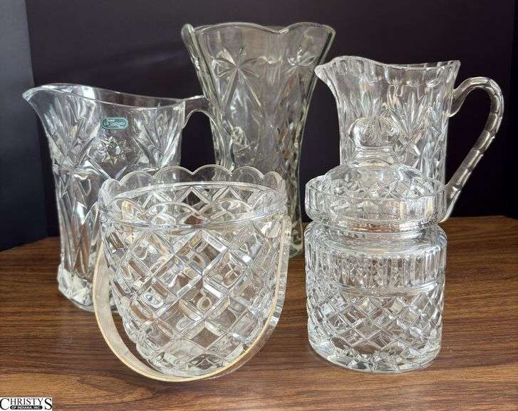 2 Glass Pitchers, Vase, Lidded Jar, Small Ice Bucket - 10" of tallest image