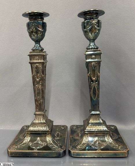 2 Pair of Candle Sticks, Sheffield Has Mark, Other Pair Has Damage To Base 12.5"