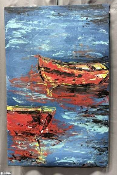 Antonio Garcia Red Boats #2, Acrylic Painting on Canvas, Measures 35x56"