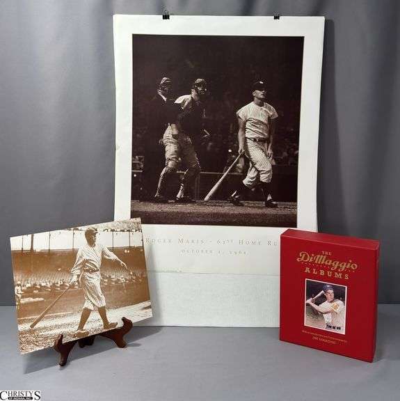 Babe Ruth Photo Print 14" X 11",  The DiMaggio Albums 2-Book Set and a Roger Maris 62st Home Run October 1, 1961 Poster 24" X 30" image