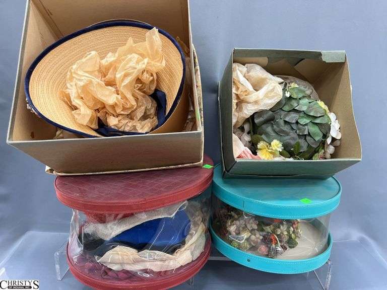 Hat Boxes, With Assortment of Hats, Straw, Floral, Wool Zippered Case, Some Wear image