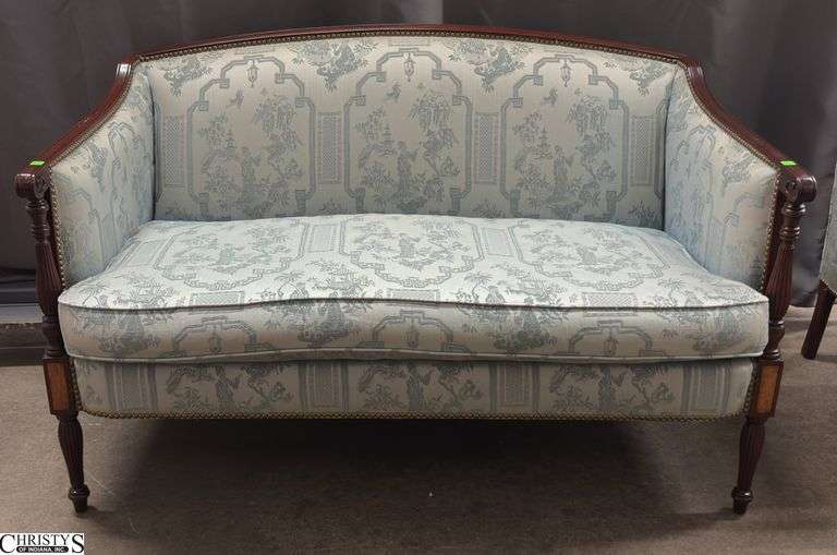 Hickory Chair Co. Chinoiserie Style Upholstered Settee - 53" x 28" x 34" - 20" seat - some wear and toning to upholstery image