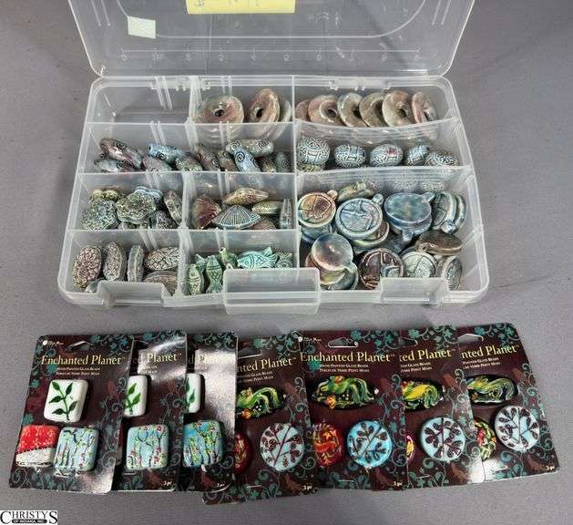 Jewelry Beads.  Includes 7 packages of Enchanted Planet Hand Painted Glass Beads and a Plastic Organizer with Ceramic Beads image